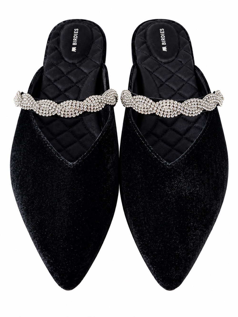 Birdies Black Velvet with Crystal Chain Trim; The Swan; Elegant Flats; Women’s
